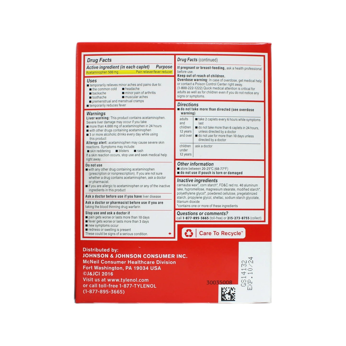 TYLENOL ORIGINAL 50 COUNT, 25 POUCHES (25 x 2 CAPLETS)