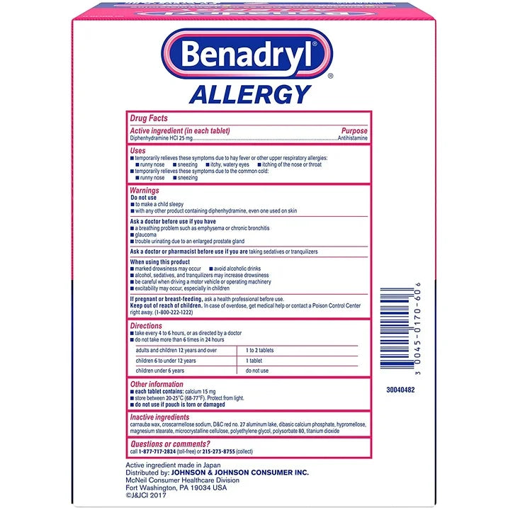 BENADRYL ALLERGY 2 TABLETS, 20 POUCHES (20x2 TABLETS)