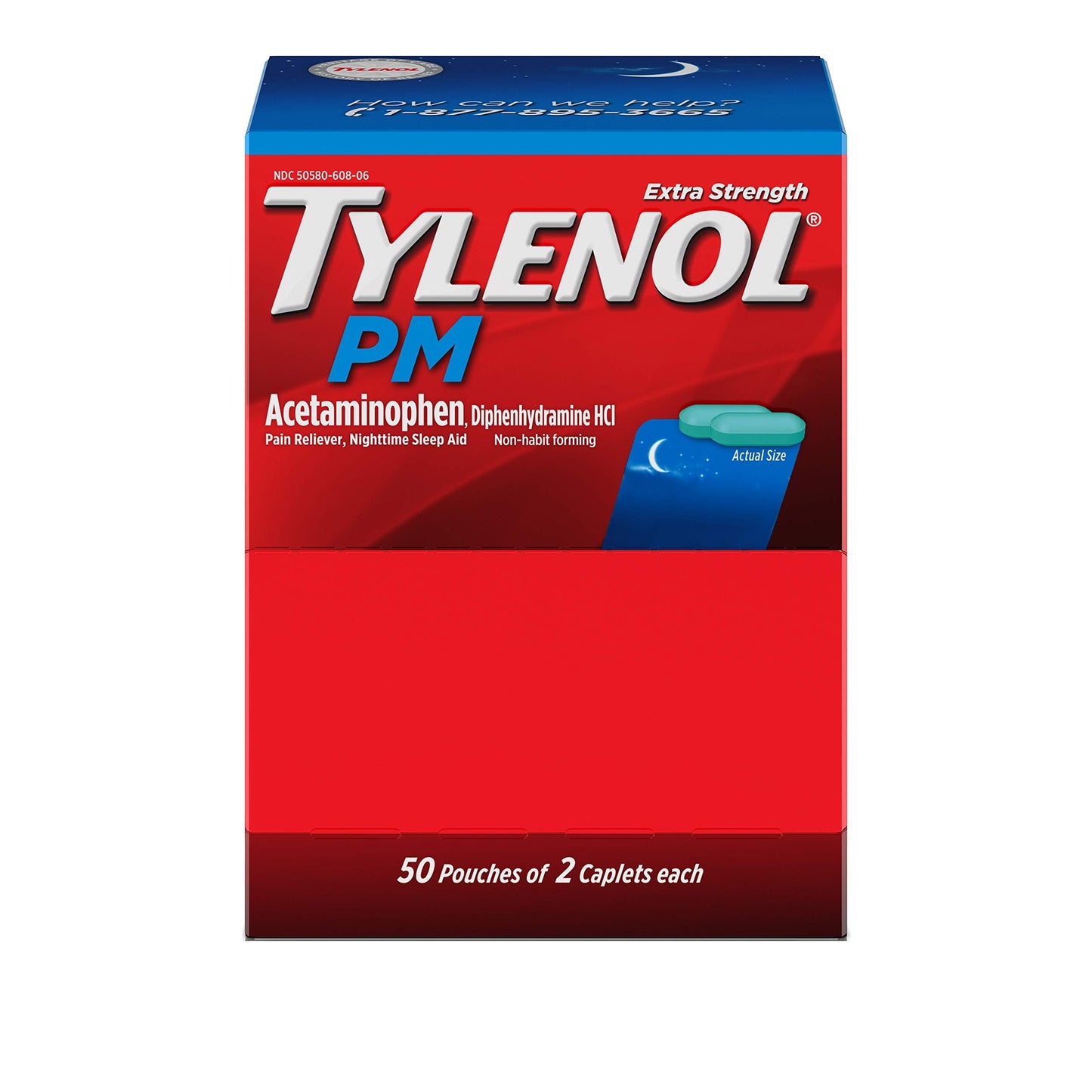 TYLENOL PM 100 COUNT, 50  POUCHES (50 x 2 CAPLETS)