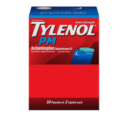 TYLENOL PM 100 COUNT, 50  POUCHES (50 x 2 CAPLETS)