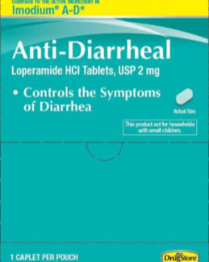 Anti-diarrheal medication packaging with teal background and yellow banner.
